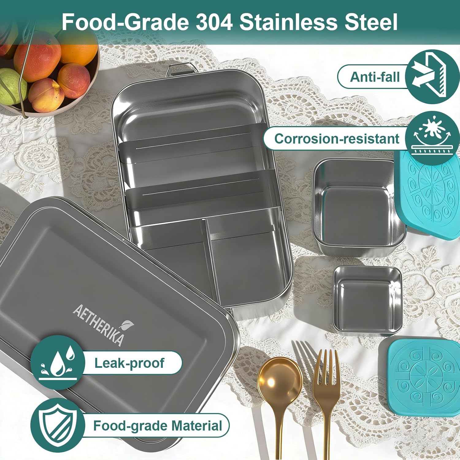 Stainless Steel Bento Box with 4 Compartments,1400ml Large & Thickened Metal Lunch Box for Adults,Eco-friendly Leak-Proof Container with Lockable Clips