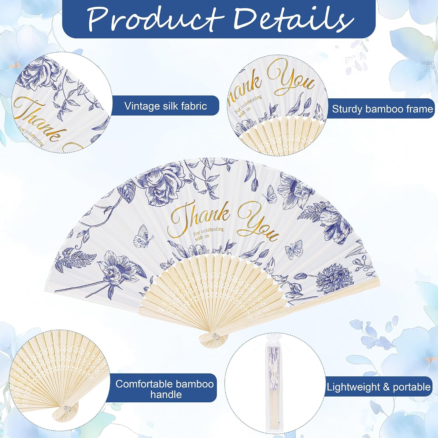 Aneco 60 Sets Blue Flower Wedding Folding Fans, Blue Floral Bamboo Handheld Folding Fans with Organza Bags Table Sign, Thank You Vintage Silk Handheld Fan for Bridal Shower Wedding Party Decorations
