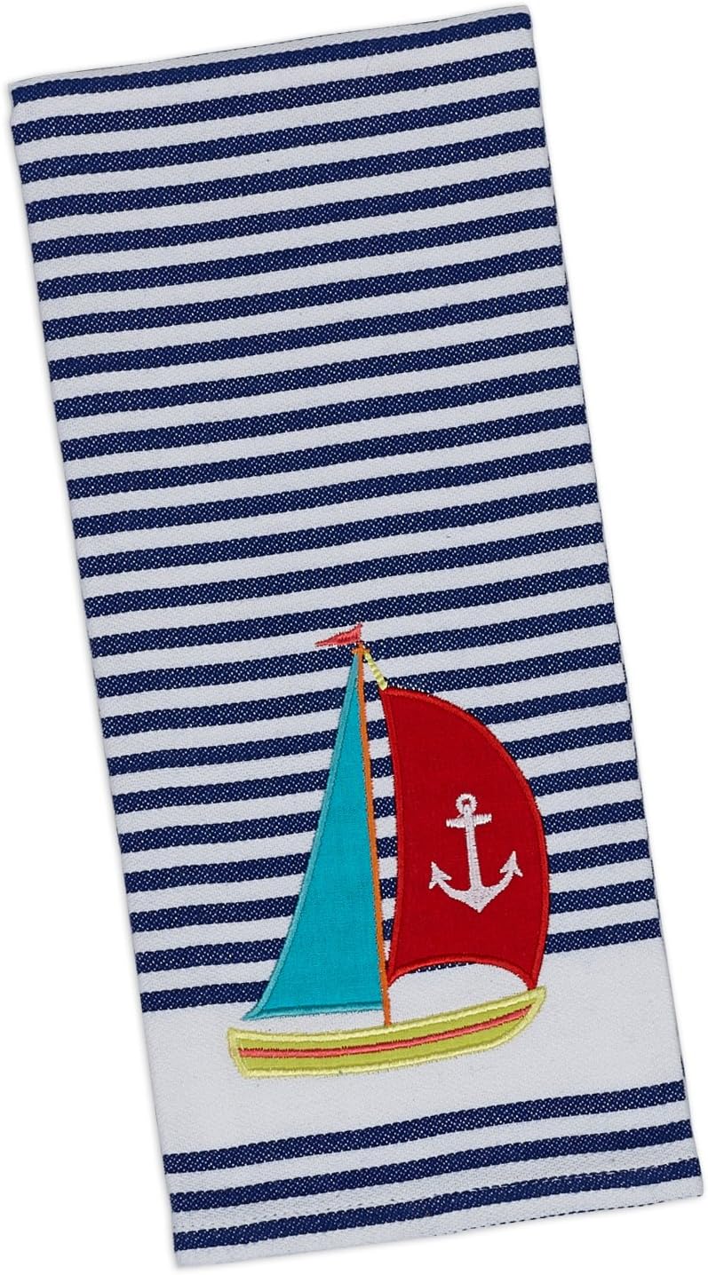 DII 100% Cotton, Machine Washable, Everyday Kitchen Basic, Oversized, Embroidered Dishtowel, 18x28, Set of 3- Anchors Away