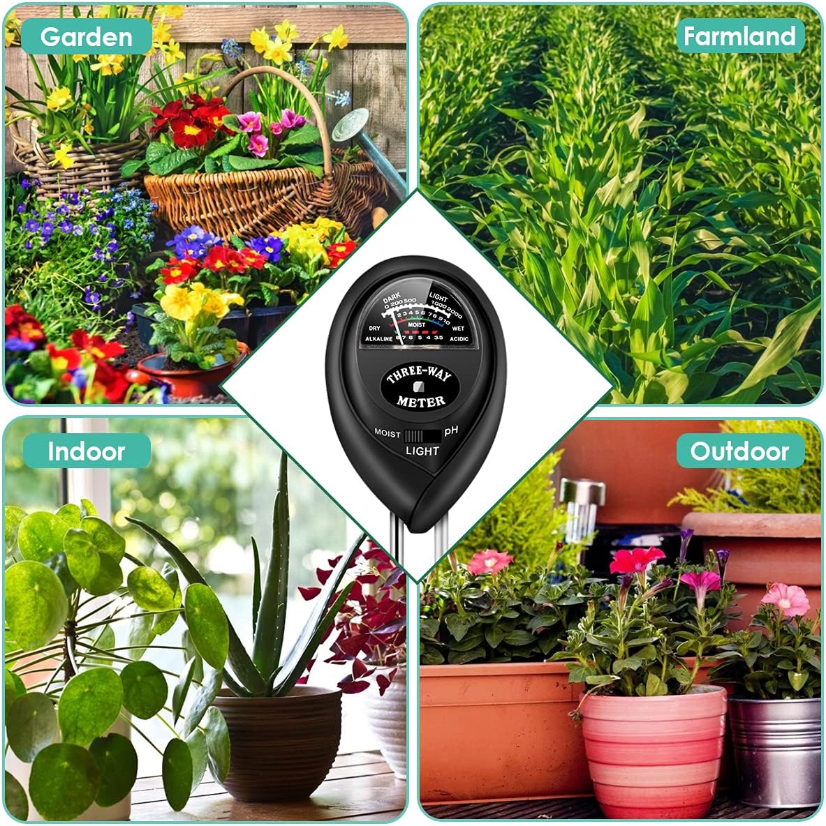 YiimDaifun Soil pH Meter, 3-in-1 Soil Moisture/Light/pH Tester and Humidity Meter for Gardening, Lawn, Farm, Indoor & Outdoor, Soil Moisture Meter(No Battery Needed)
