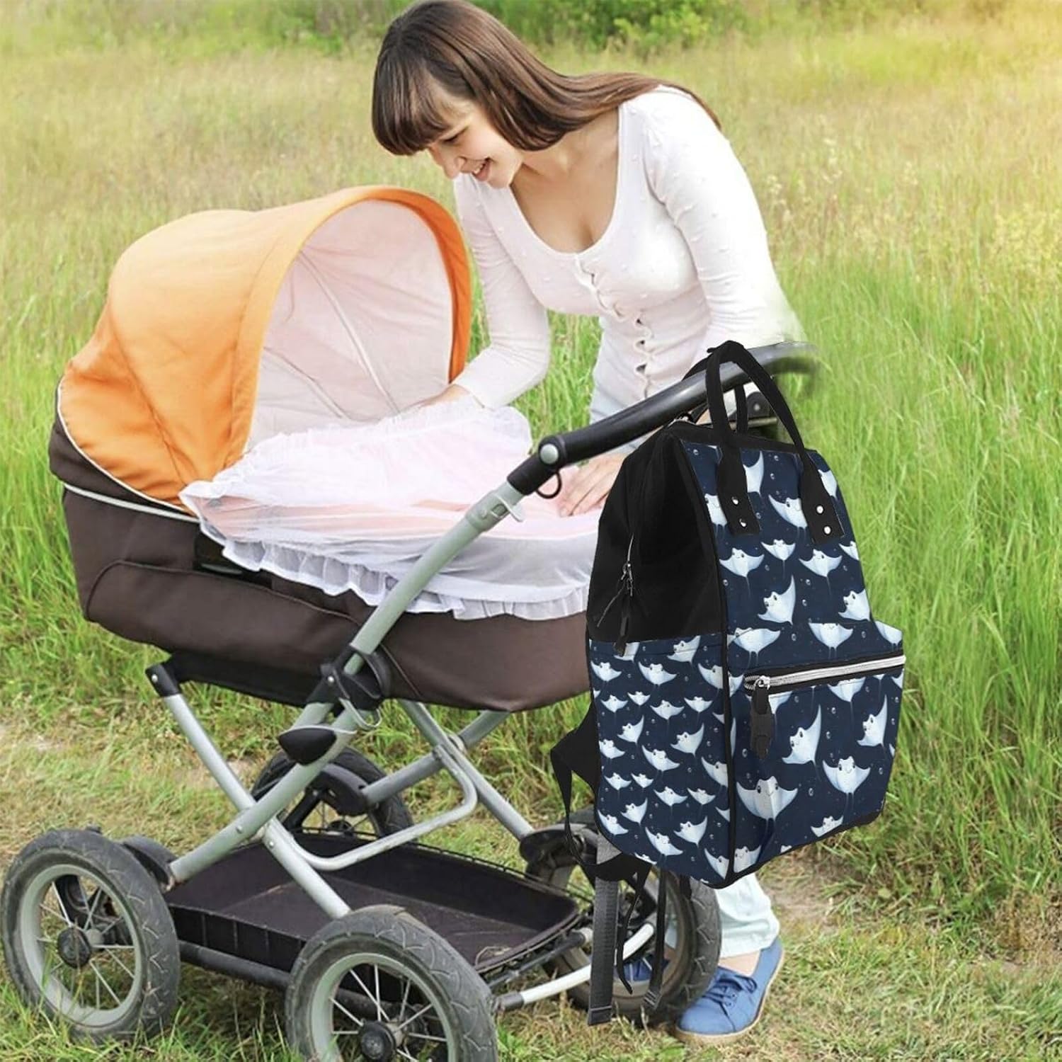 Cute Stingray Blue Print Diaper Bag Backpack, Toddler Baby Girl Boy Diaper Bag for Mom Dad, Mommy Bags Travel Baby Bags for Women Men
