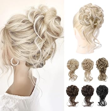 REECHO Messy Bun Hair Piece, Tousled Updo Elastic Hair Bun Hairpiece for Women Synthetic Donut Accessories Scrunchies - Light Ash Blonde with Highlights
