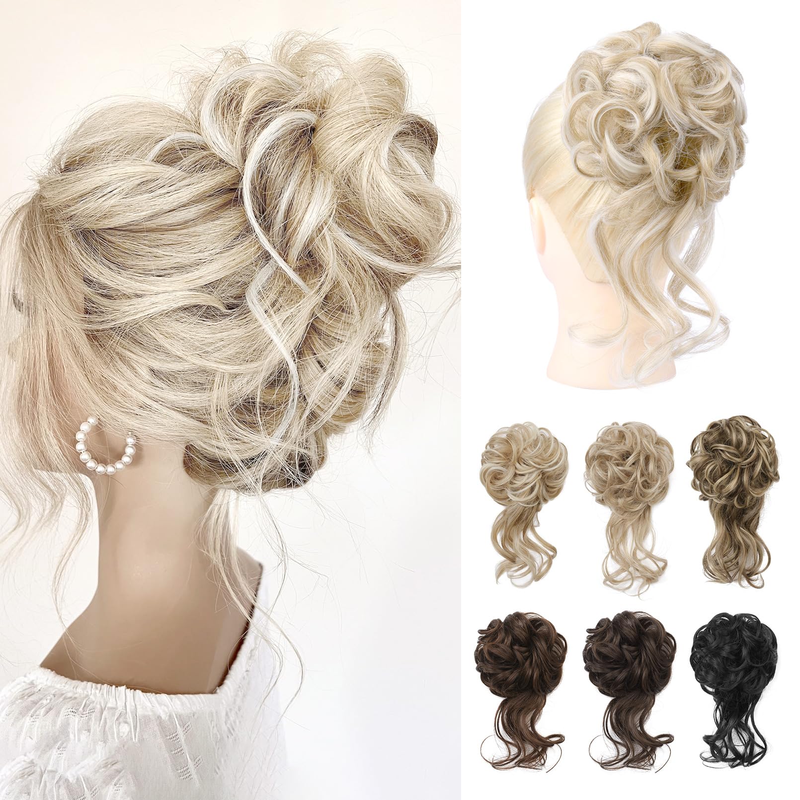 Messy Bun Hair Piece, Tousled Updo Elastic Hair Bun Hairpiece for Women Synthetic Donut Accessories Scrunchies - Light Ash Blonde with Highlights