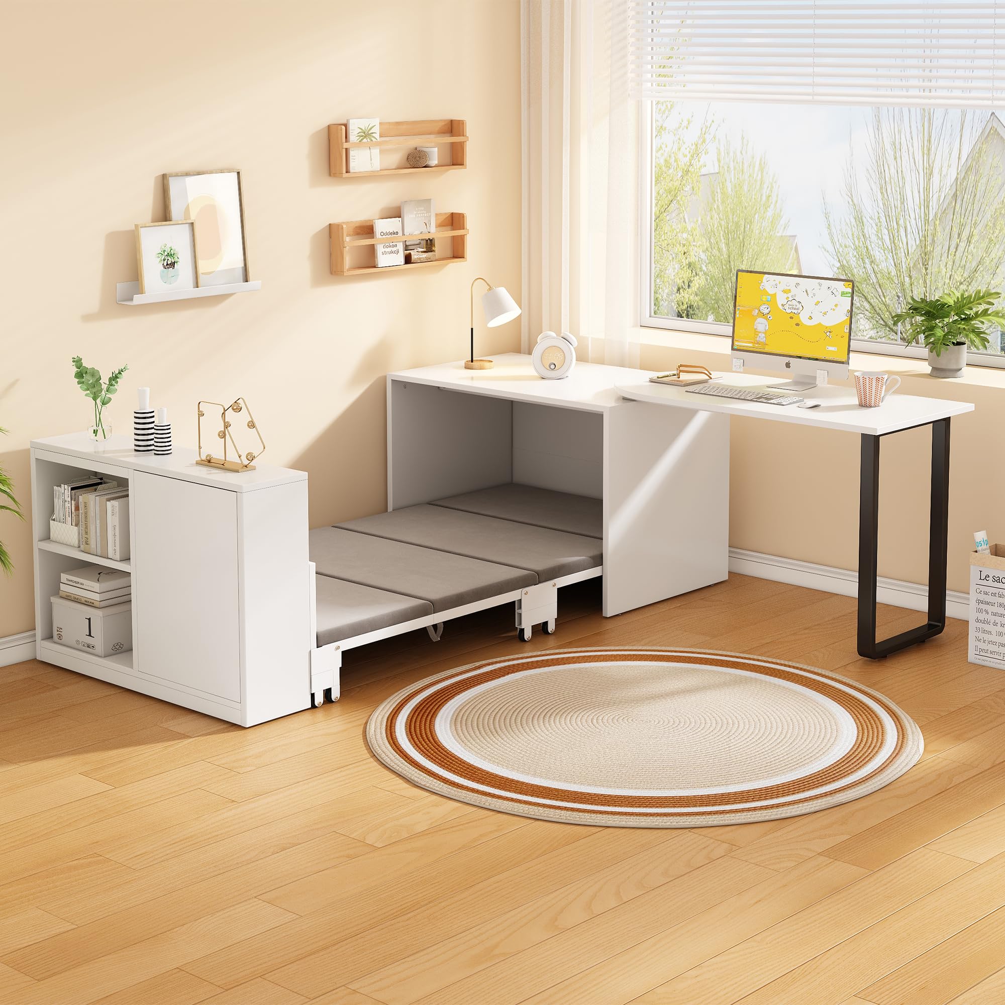 BTM 2-in-1 Klappbett mit Matratze Eckschreibtisch mit Stauraum und Rollen Bett mit Schreibtisch Schrank Gästebett Klappbar Weiß