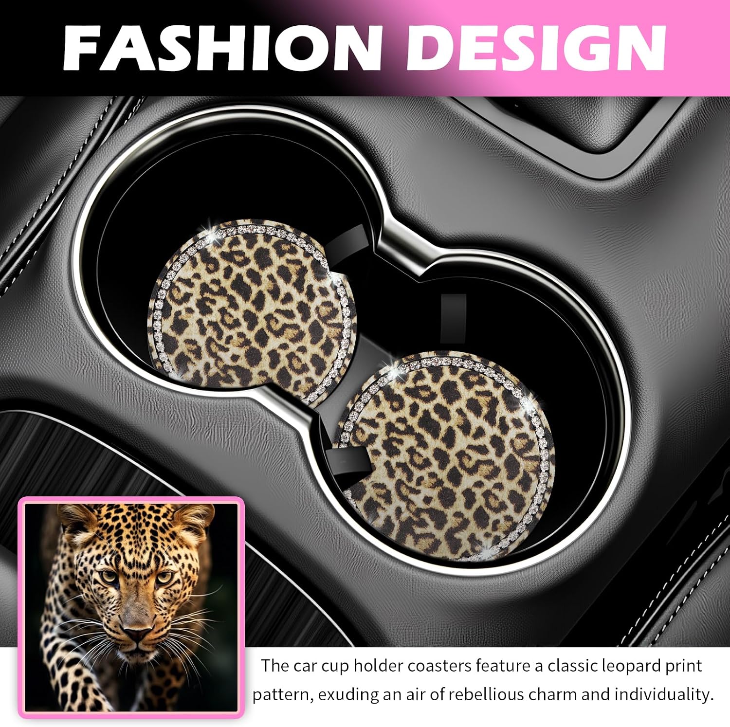 2PCS Bling Leopard Print Car Coasters for Cup Holders,Sparkling Rhinestone Car Cup Holder Coasters for Reducing Noise & Scratching,Anti-Slip 2.76" Cars Cupholder Coaster (Brown)