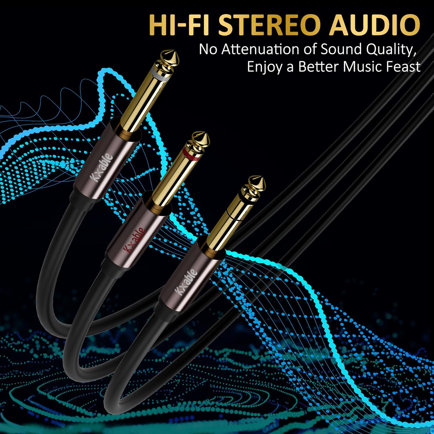 Kxable 1/4 inch TRS Stereo to Dual 1/4 inch Y-Splitter Insert Audio Cable 75 Feet, 6.35mm Male to 2X 6.35mm Male TS Mono Breakout Cord, 24K Gold Plated, Oxygen-Free Copper OFC Cable with 5 Cable Ties