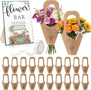 Sinload 27 Pcs Flower Bar Kit Bloom Supplies Includes Flower Bar Sign Bouquet Wrapping Bags Ribbon for Wedding Bridal Shower Birthday Party Favors Table Centerpieces (Green Plaid)