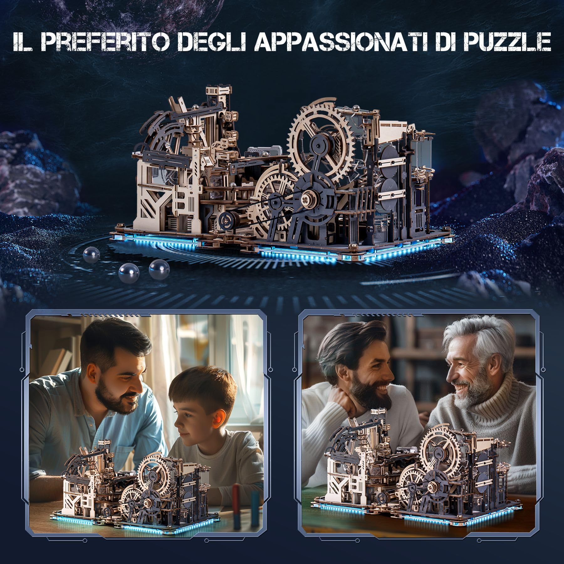 ROBOTIME LGC01+LGA01+LG01 3-in-1 Puzzle 3D in Legno Piste per le Biglie Modellismo da Costruire Adulti, Marble Run Wooden Puzzle, LED Elettrico Regalo di Compleanno Uomo, LGX02 (=LGC01+LGA01+LG01)