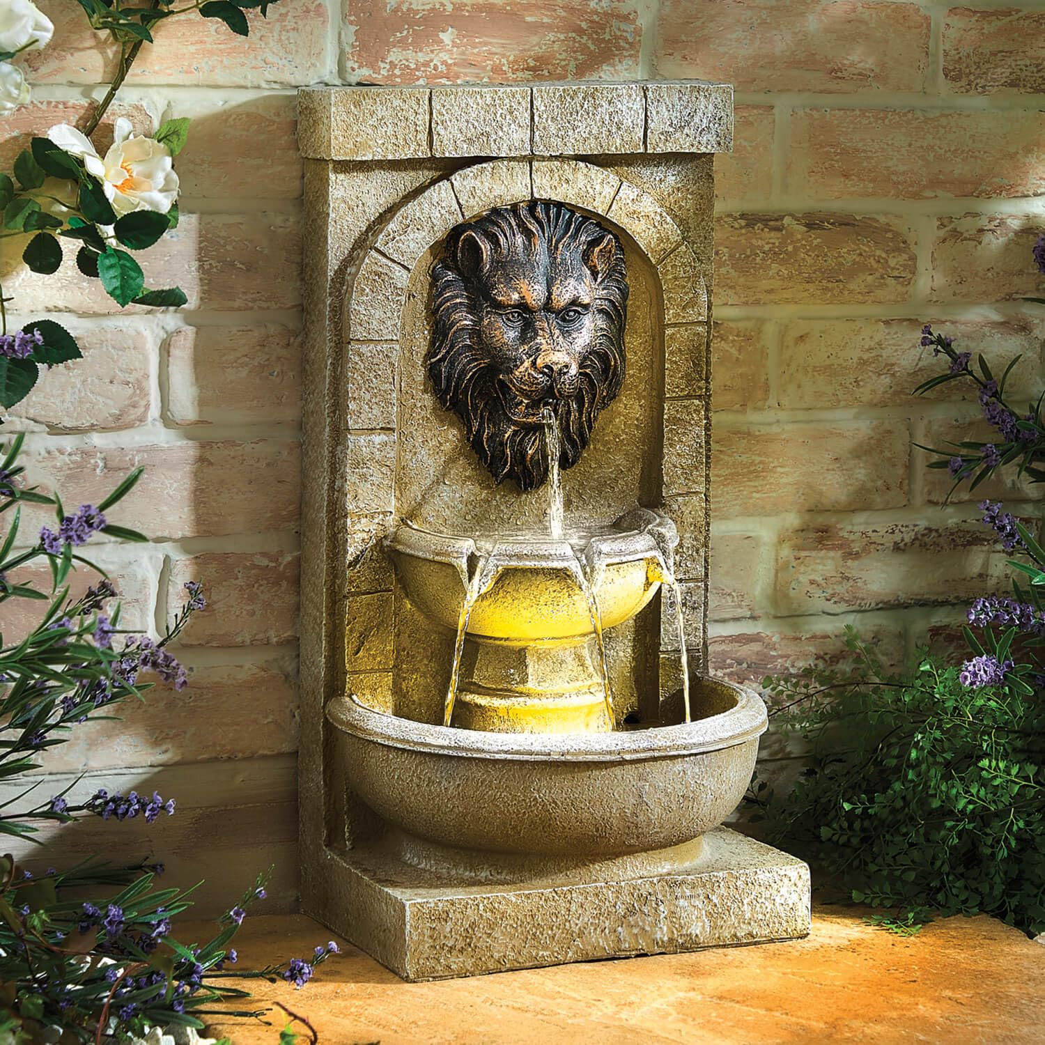Gainsborough Solar Lion's Head Water Feature with LED Lights - Stone