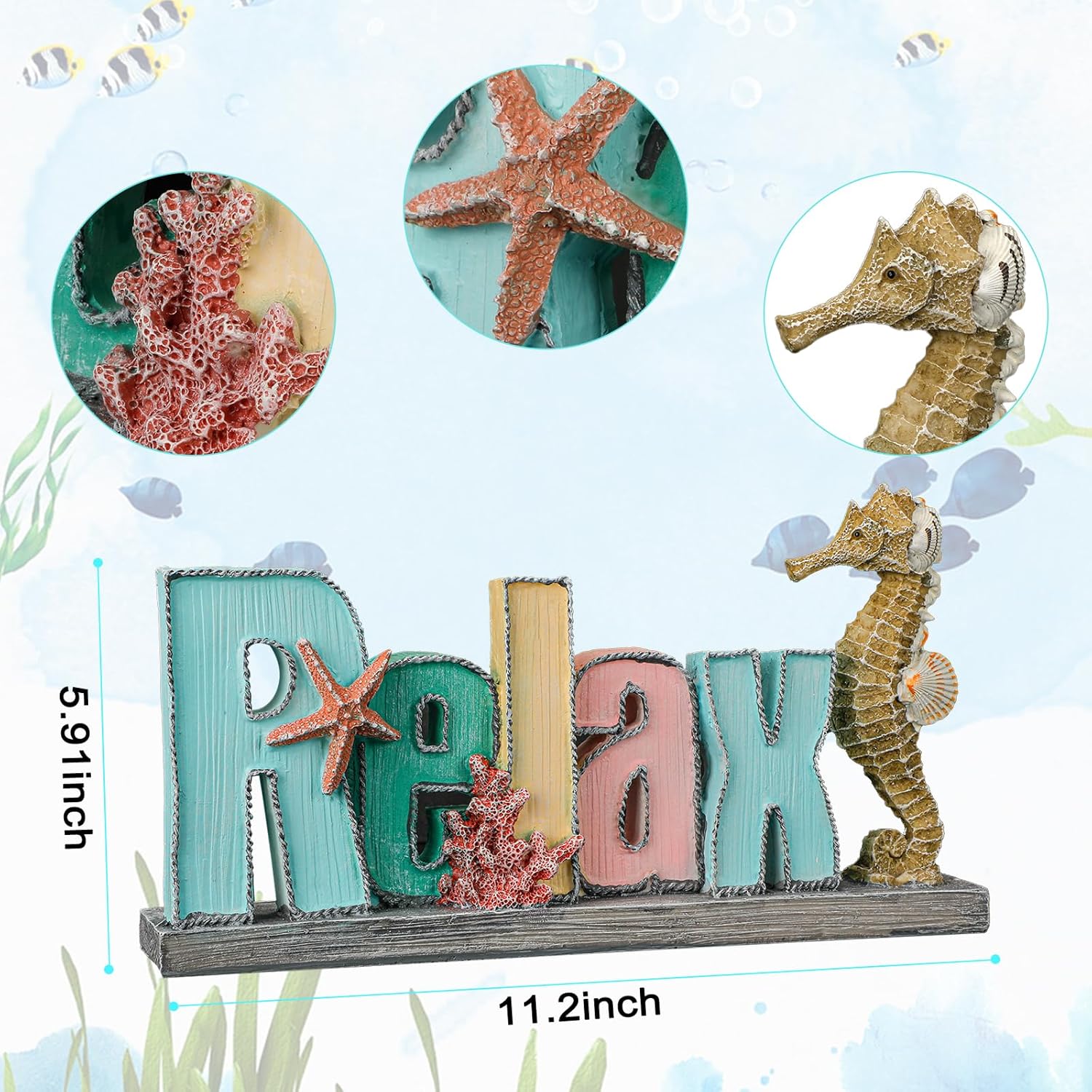 Beach Decorations for Home – Ocean Relax Sign with Sea Star Seahorse Beach Theme Home Decor for Bathroom Living Room, Office Desk