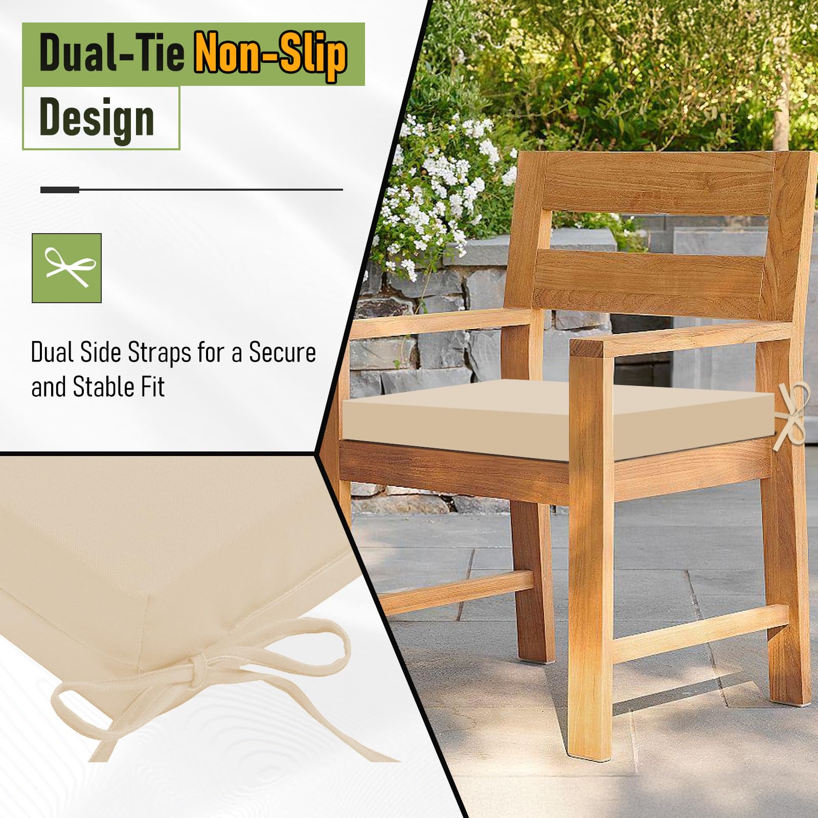 Basic Beyond - Lot de 4 Coussins de Chaise d'extérieur carrés imperméables avec Rubans - pour Meubles de terrasse - 47 x 40,6 x 7,6 cm - Beige