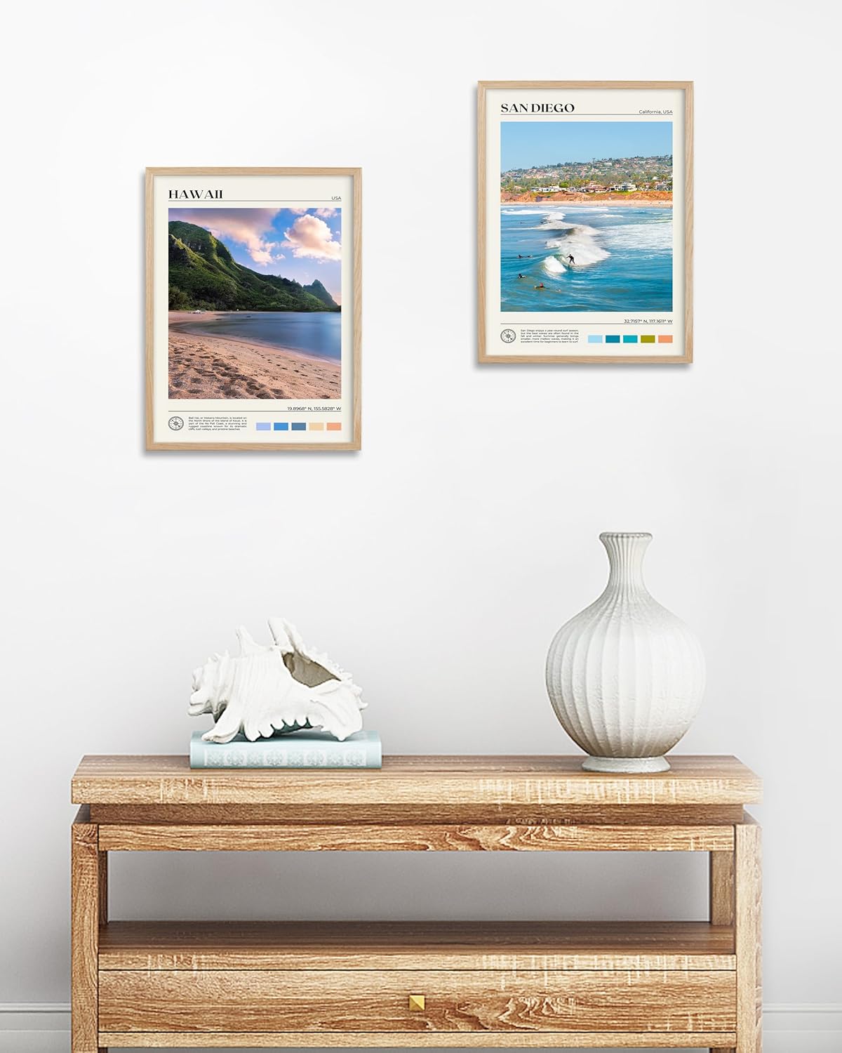 HesenDot Natural OAK Wood San Diego Surfing Framed Wall Art,12x16in Natural Seascape Canvas Wall Print,Classic Urban Landmark Wall Decor for Living Room,Bedroom,Office Gallery Gifts Set of 1