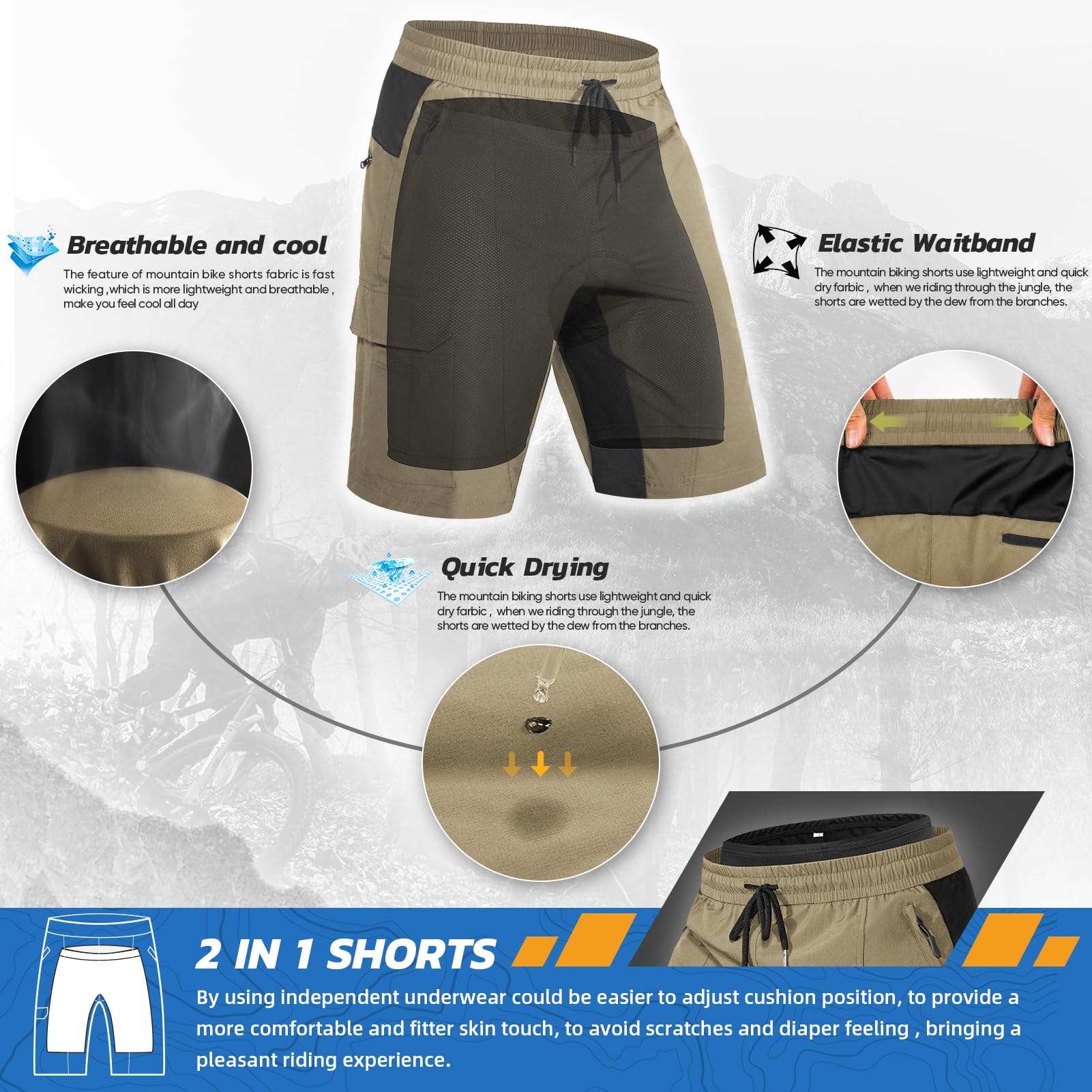 Hiauspor Pantaloncini Ciclismo Uomo Traspiranti ad Asciugatura Rapida Bici Uomo MTB Imbottiti in Gel 4D Pantaloni