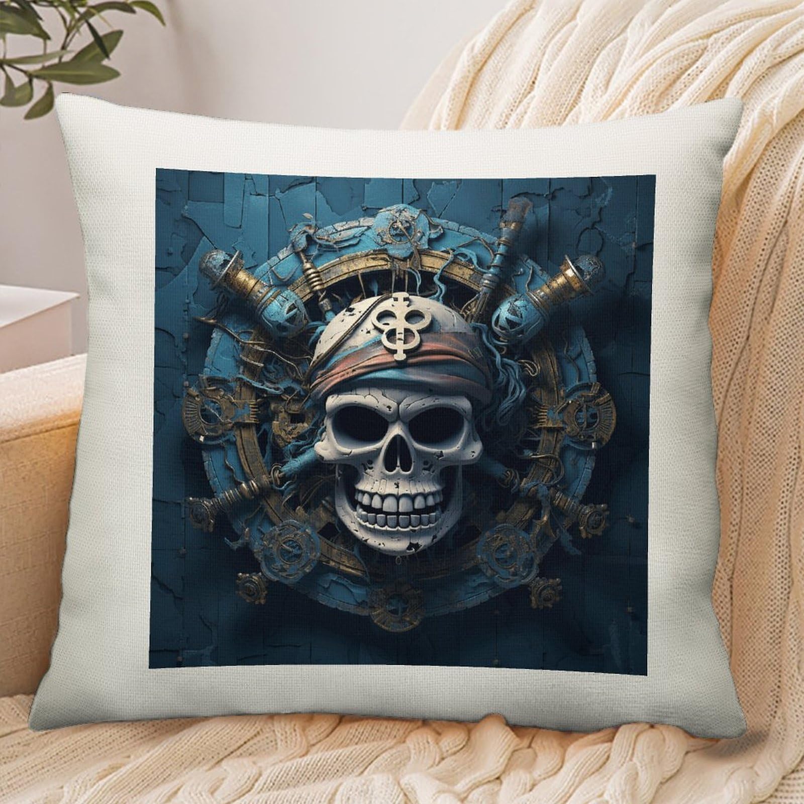 Adfgyerh Style Skeleton Pirate Pillow Cover Breathable,Pillowcases Boho Decorative Envelope Closure,Throw Pillow Covers For Beach,Patio,Balcony,Couch Living Room 18 * 18In