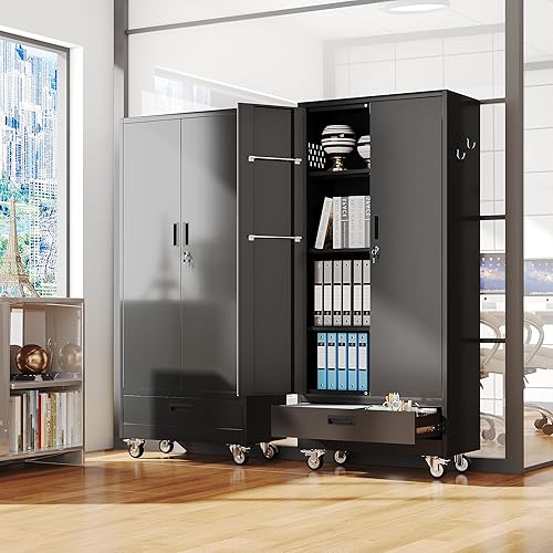 Miniatura 22 de Armario de almacenamiento de garaje con ruedas, gabinete de herramientas de metal de 35.43 pulgadas de alto con tablero de clavijas y 4 ganchos