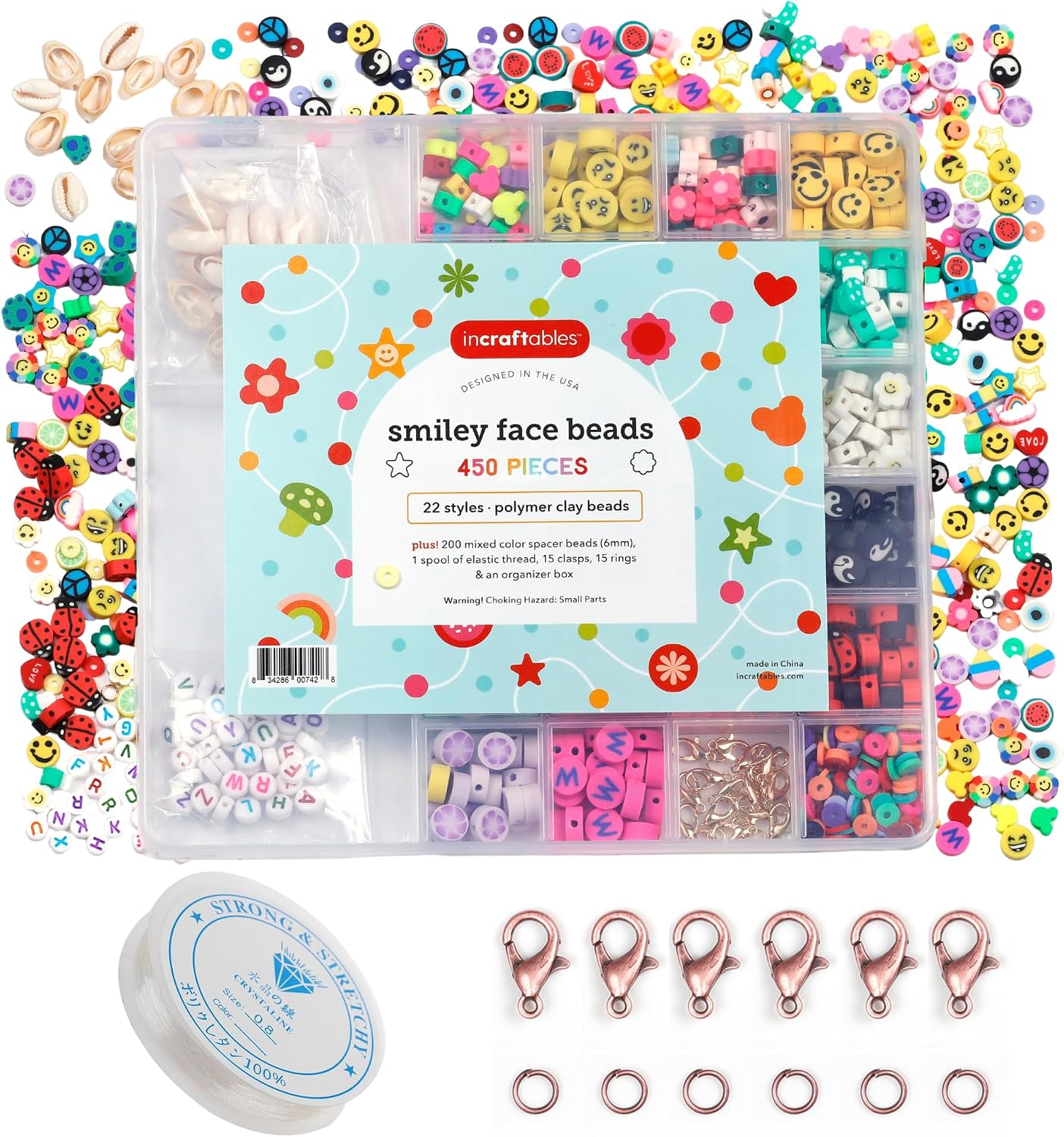 Incraftables Smiley Face Bracelet Kit – 450 Clay Beads with Flowers, Cute Charms & Small Accent Beads – DIY Jewelry Making Kit – Bracelet Supplies for Craft Projects