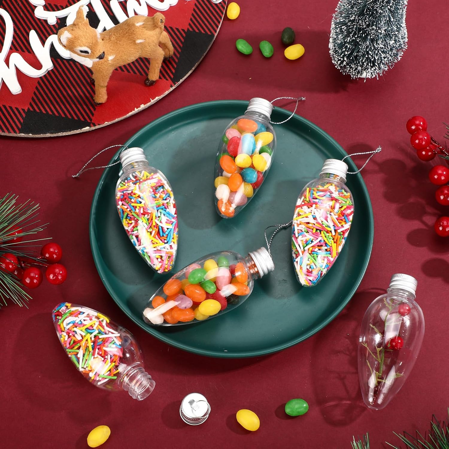 Jetec 48 Pieces 4.2 Inch Christmas Fillable Ornaments Clear Plastic Light Bulbs Hanging Ornaments for Candy Plastic Fillable Jars Shaped Crafts Ball Christmas Tree Decoration for DIY Crafts