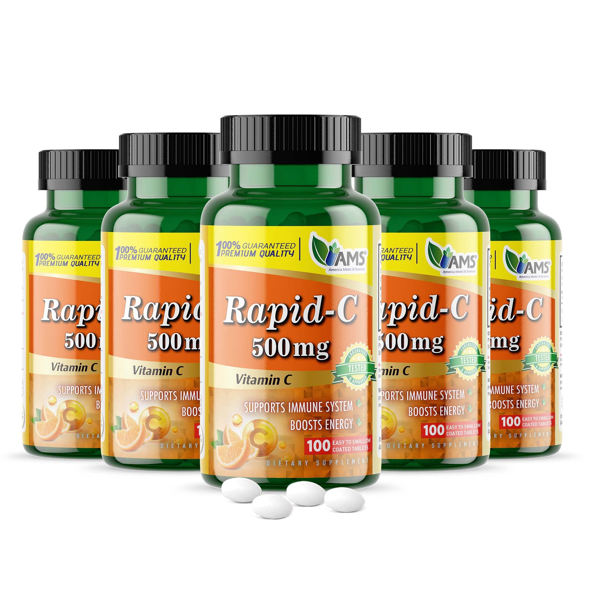 America Medic & Science Rapid-C 500mg Vitamin C Supplement 500 Tablets (5 Pack of 100 Tablets) Daily Immune System Support, Antioxidant | Vegan, Non-GMO Coated Ascorbic Acid for Adult Men & Women