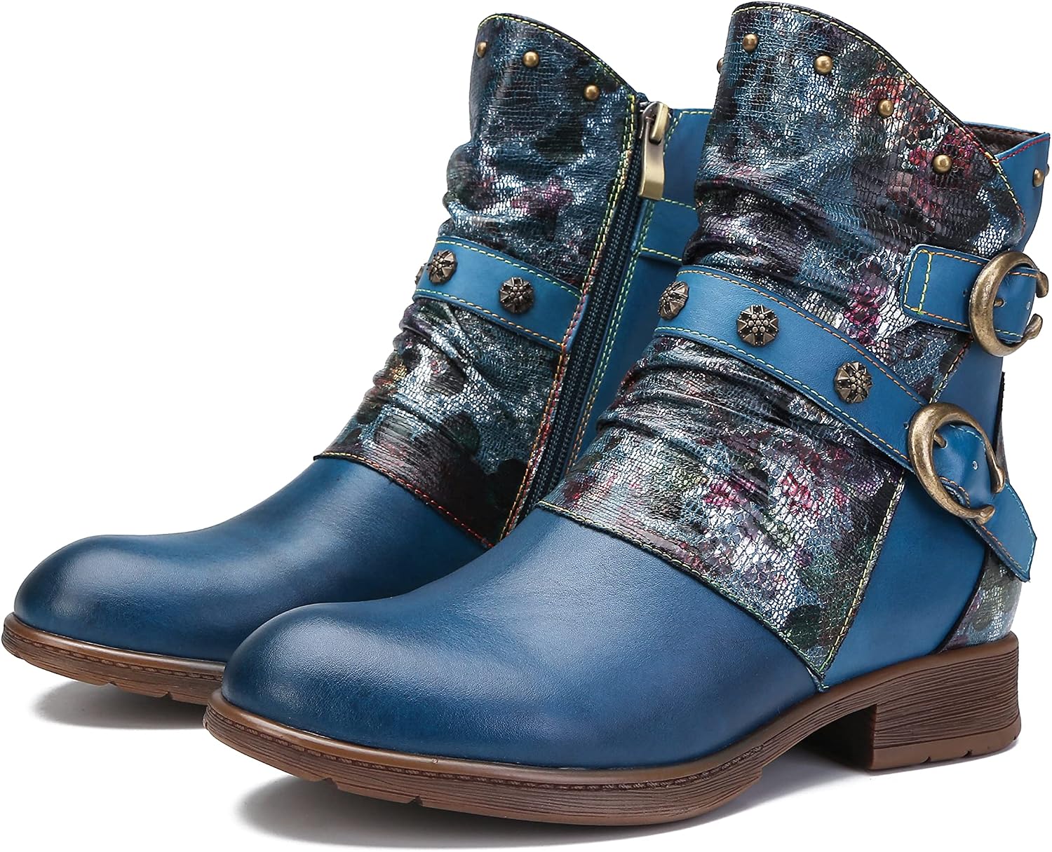 CrazycatZ Women Leather Ankle Leather Colorful Boots Vintage Colorful Biker Boots