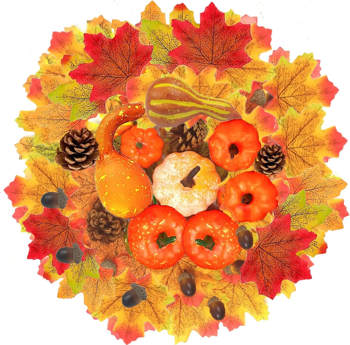 Künstliche Mini-Kürbis Deko Set - Herbstdeko Mit Blättern, Eicheln & Tannenzapfen