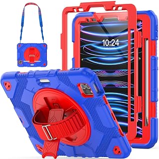 HXCASEACE Case for iPad Air 5th Generation 2022/Pro 11-inch/Air 4th Generation 2020, Shockproof Cover with Pencil Holder/360 Rotating Ocean Hand Strap/Screen Protector//Shoulder Strap,Red+Blue