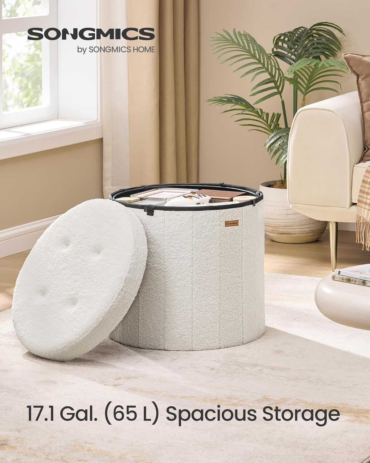SONGMICS Mazie Collection - Round Storage Ottoman, Folding Footrest Stool with Removable Lid, Easy Assembly, Teddy Fleece Vanity Stool for Bedroom, Living Room, Entryway, Cream White ULSF606W01