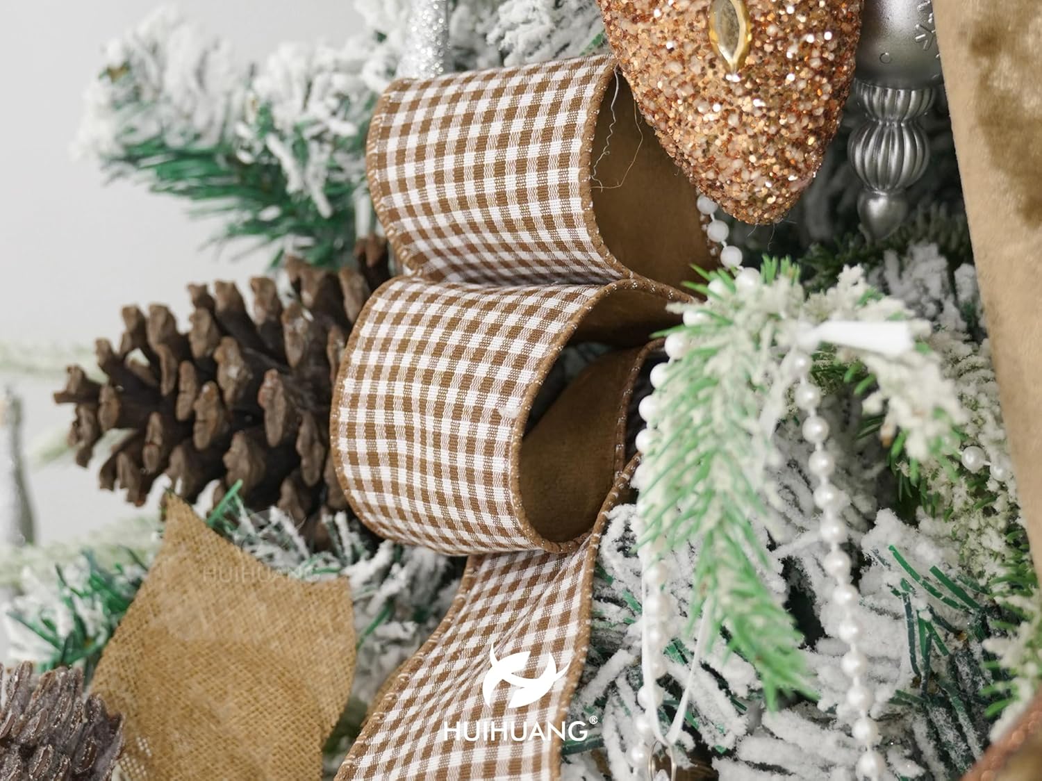 HUIHUANG Brown Velvet Wired Ribbon with Gingham Reversible 2.5 inch Brown Check Christmas Ribbon for Trees Decoration, Garlands, Gift Wrapping, Bows, Wreaths Supplies- Continuous 10 Yards