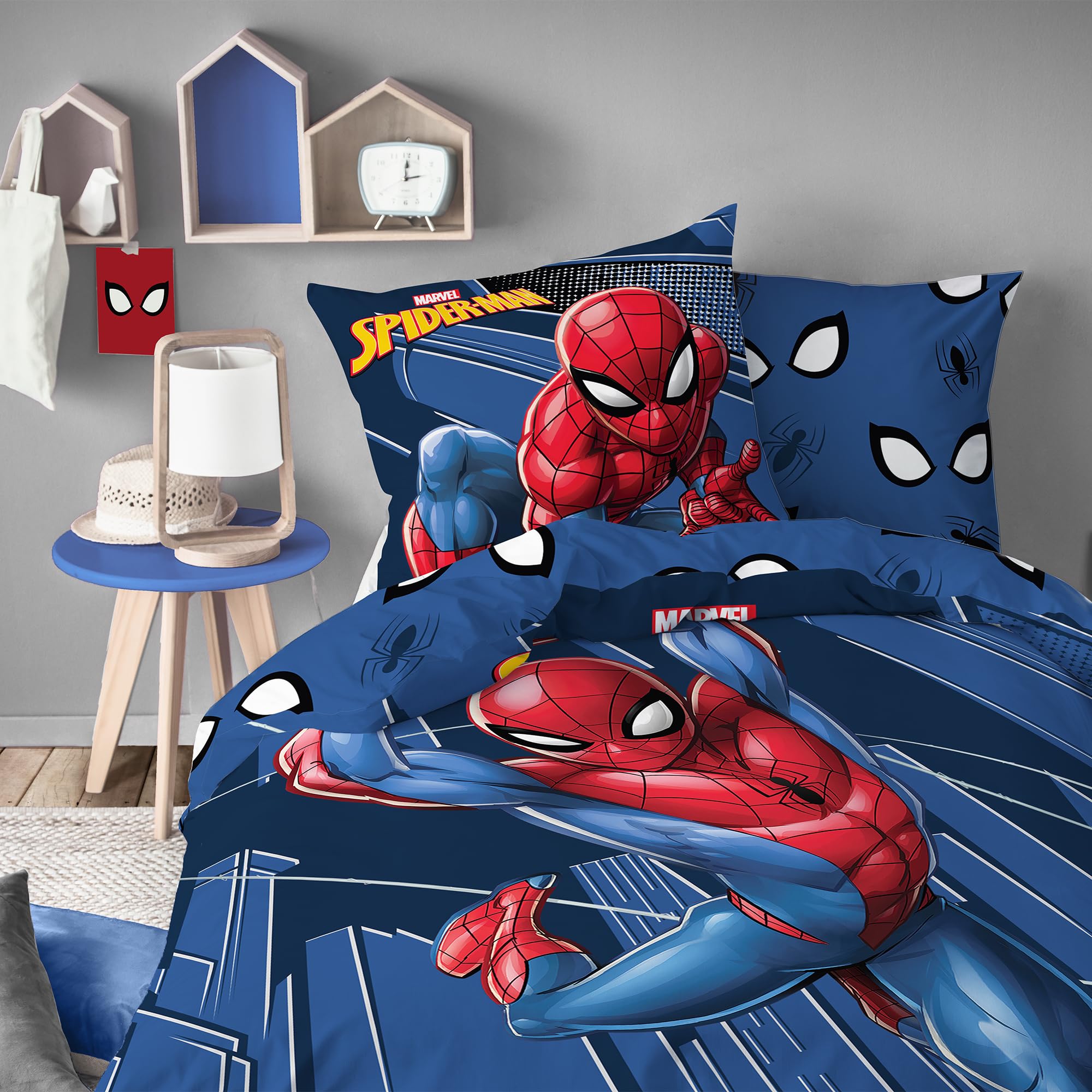 Housse de couette Spiderman 140x200 pour chambre enfant avec sa taie d'oreiller en coton bleu