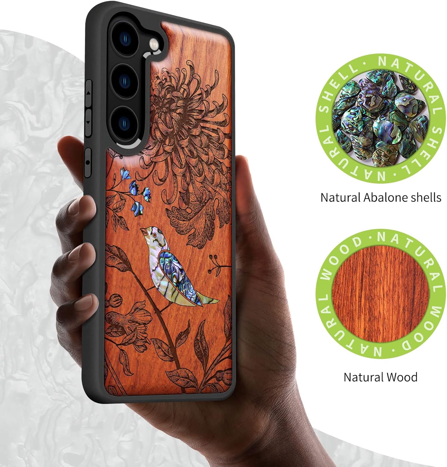 Carveit Designer Wooden Case for Samsung Galaxy S23 Cover [Wood Engraving & Shell Inlay] Compatible with Wireless Chargers Galaxy S23 Case (Flowers and Bird-Rosy)