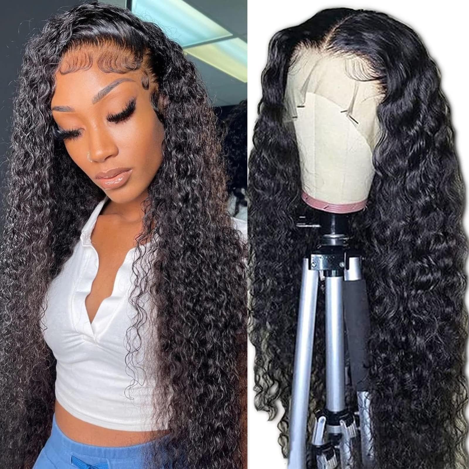 RECIFEYA 13x4 Deep Wave Lace Front Wigs Human Hair HD Lace Frontal Wigs for Black Women Glueless Deep Curly Lace Front Wigs Pre Plucked with Baby Hair Brazilian Human Hair Wigs Natural Color 24 inch