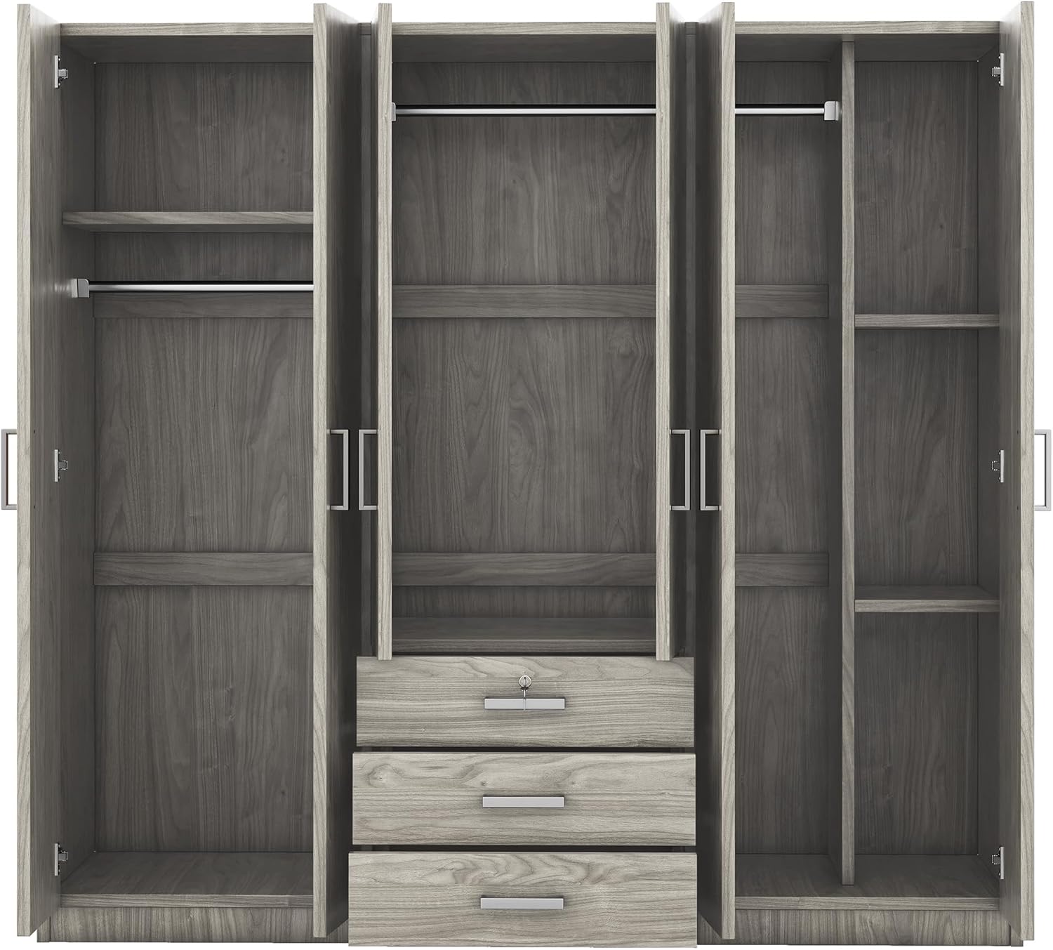 68" H Large 6 Doors Wooden Wardrobe Closet, Freestanding Armoire Wardrobe Closet Cabinet with 3 Drawers, Shelves and Hanging Rod for Hanging Clothes, Coat Closets for Bedroom, Gray