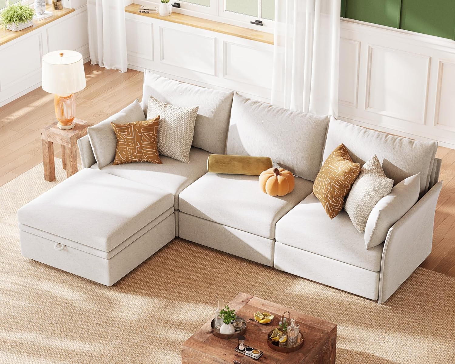 ABCASA 102.6" L-Shaped Modular Sectional Sofa, 4-Seater Deep Seat Couch with Washable Chenille Cover, Storage Ottoman, Reversible Chaise, Pet-Friendly White