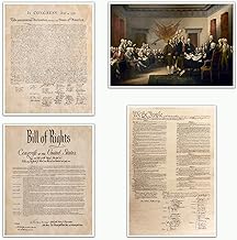 UAddMe Declaration of Independence Poster Constitution of the United States Bill of Rights Canvas Wall Art Classic History Document Set of 4 Prints Decor for Classroom Office Wall Unframed, yellow