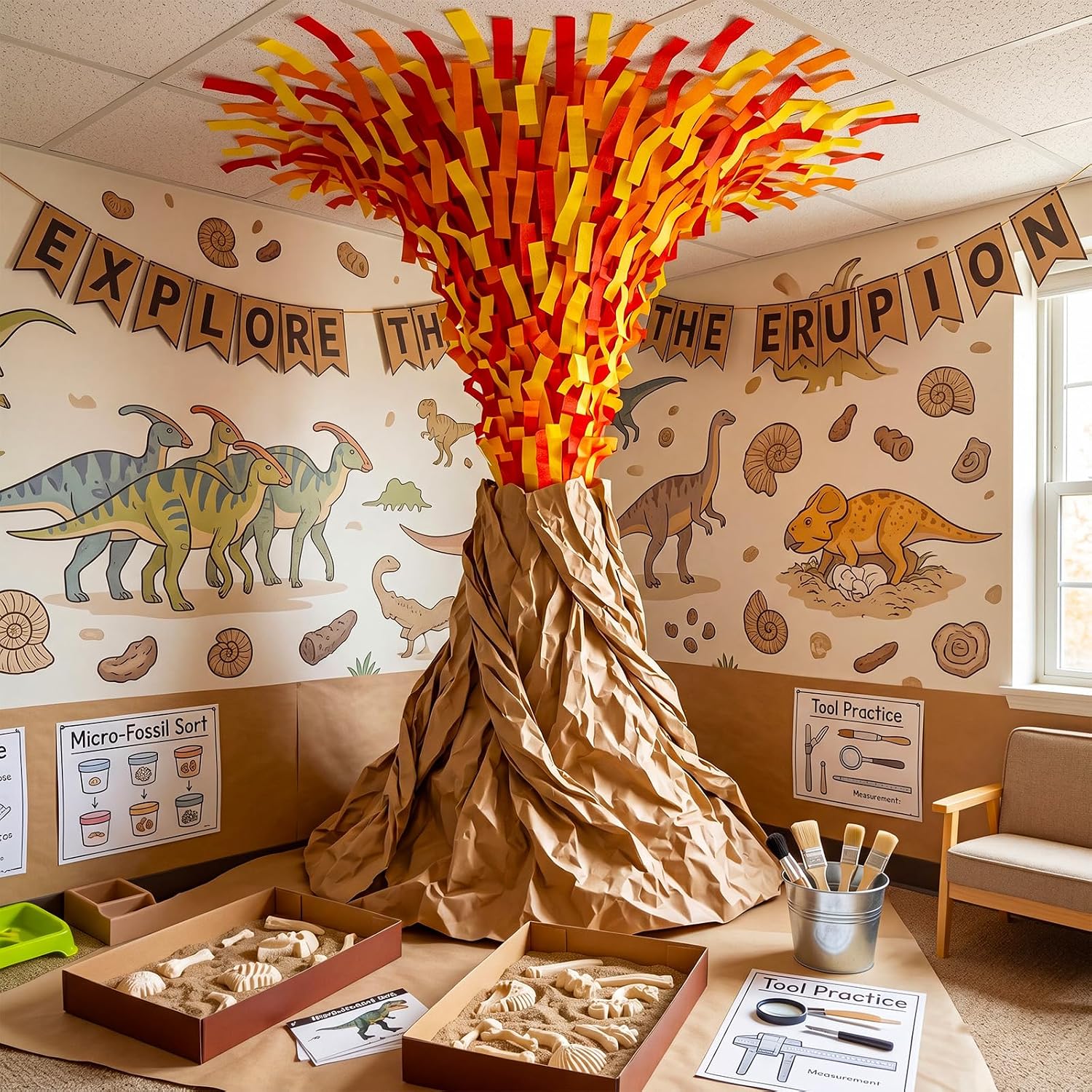 Poola Voidra 3D Volcano Party Wall Decor Kit Lava Flame DIY Kraft Paper Cardboard Crepe Paper Teacher Back to School Bulletin Board Set Science Dinosaur Fire Theme Classroom Ceiling Room Decoration