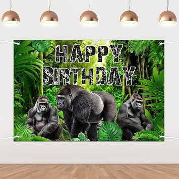 Gorilla Backdrop Jungle Gorilla Happy Birthday Backdrop 5x3ft | Realistic Wild Animal Background Banner Ape Party Decorations for Boys Girls Birthday Party Supplies