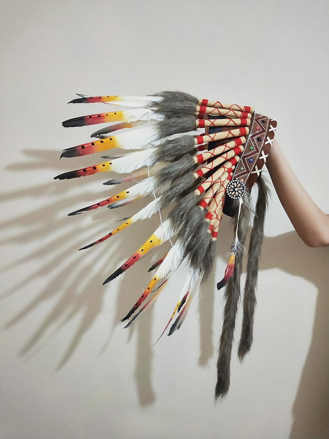 LWINGFLYER Feather Headdress - Native American Indian Style Headwear 15.53-17.71inch (Brown) - Image 4