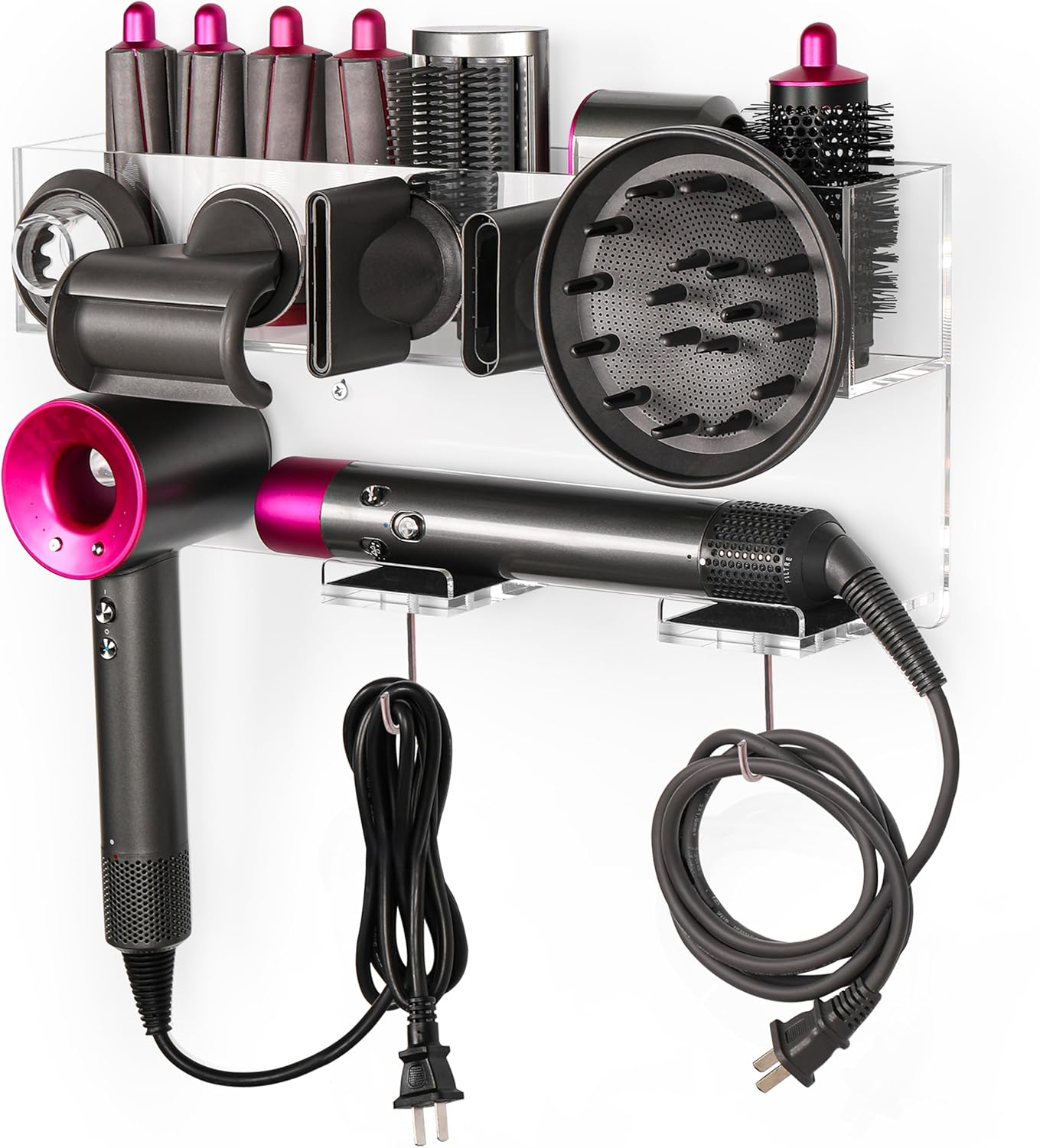 Luxurious Acrylic Wall Mount Airwrap Holder with Power Cables Holding Ability – Sturdy Magnetic Storage Rack Compatible for Dyson Air wrap, Wand Barrels Brushes, Diffuser Nozzles Luxurious Acrylic Wall Mount Airwrap Holder with Power Cables Holding Ability – Sturdy Magnetic Storage Rack Compatible for Dyson Air wrap, Wand Barrels Brushes, Diffuser Nozzles