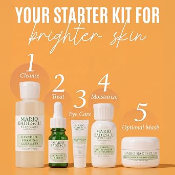 Mario Badescu Good Skin Is Forever & Bright 5-Piece Skincare Set Glycolic Cleanser, Vitamin C Serum, Hydro Moisturizer, Brightening Mask & Eye Serum for Radiance