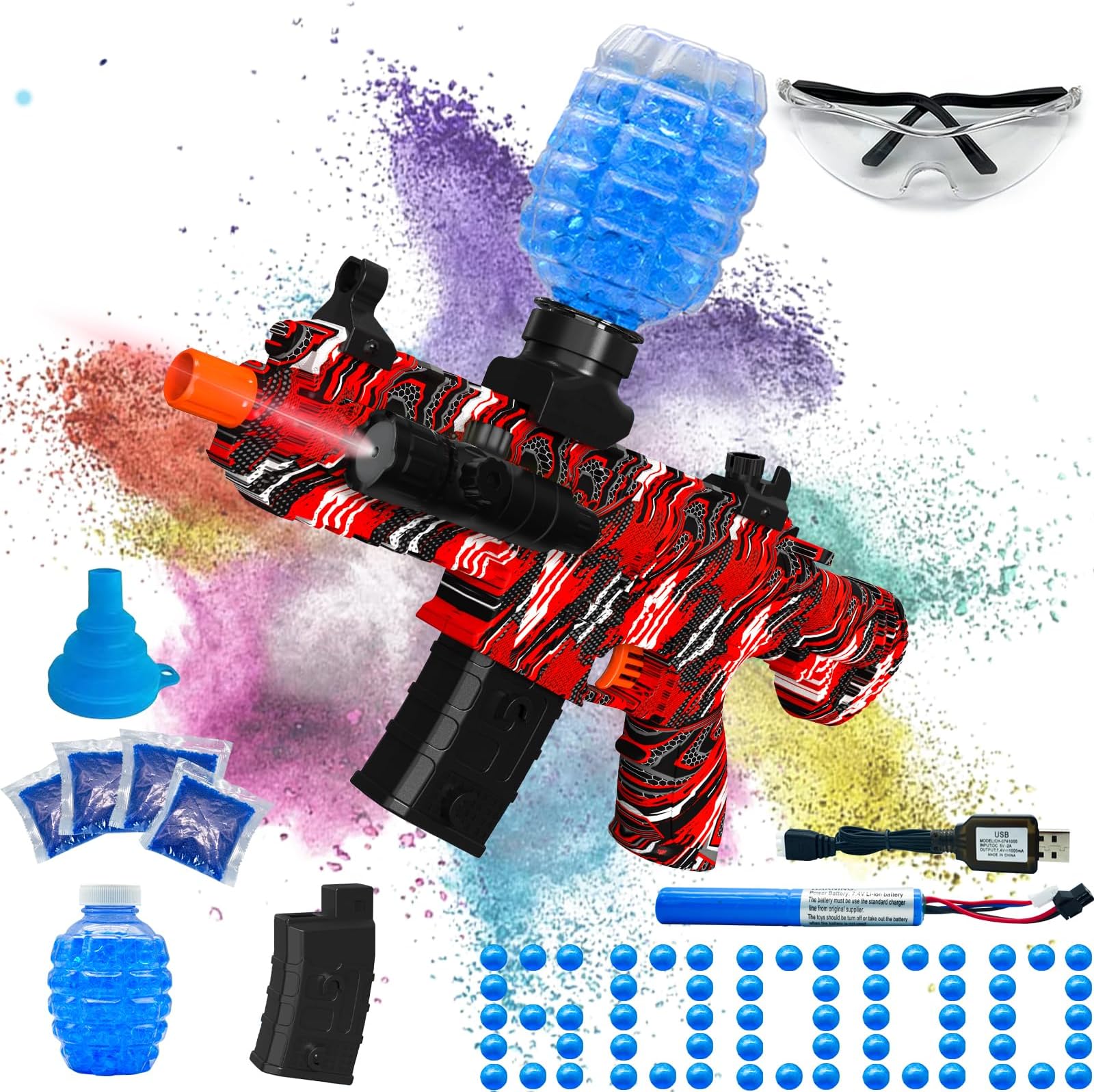 Electric Gel Ball Blaster, High Speed Automatic Splatter Ball Blaster with 45000+ and Goggles, JIFTOK Rechargeable Splatter Ball Toys for Outdoor Activities Shooting Game Party Favors-Red