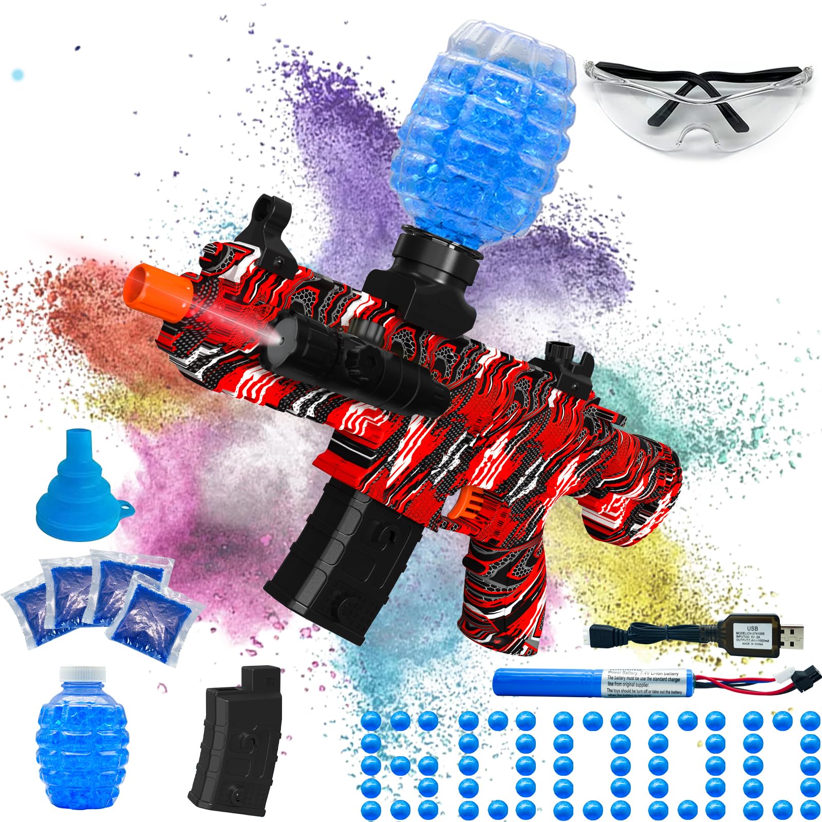 Electric Gel Ball Blaster, High Speed Automatic Splatter Ball Blaster with 45000+ and Goggles, JIFTOK Rechargeable Splatter Ball Toys for Outdoor Activities Shooting Game Party Favors-Red