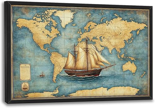 Arte de pared grande con mapa del mundo vintage, velero, para sala de estar, cuadros náuticos retro, mapa del mundo, decoración de pared, lienzo