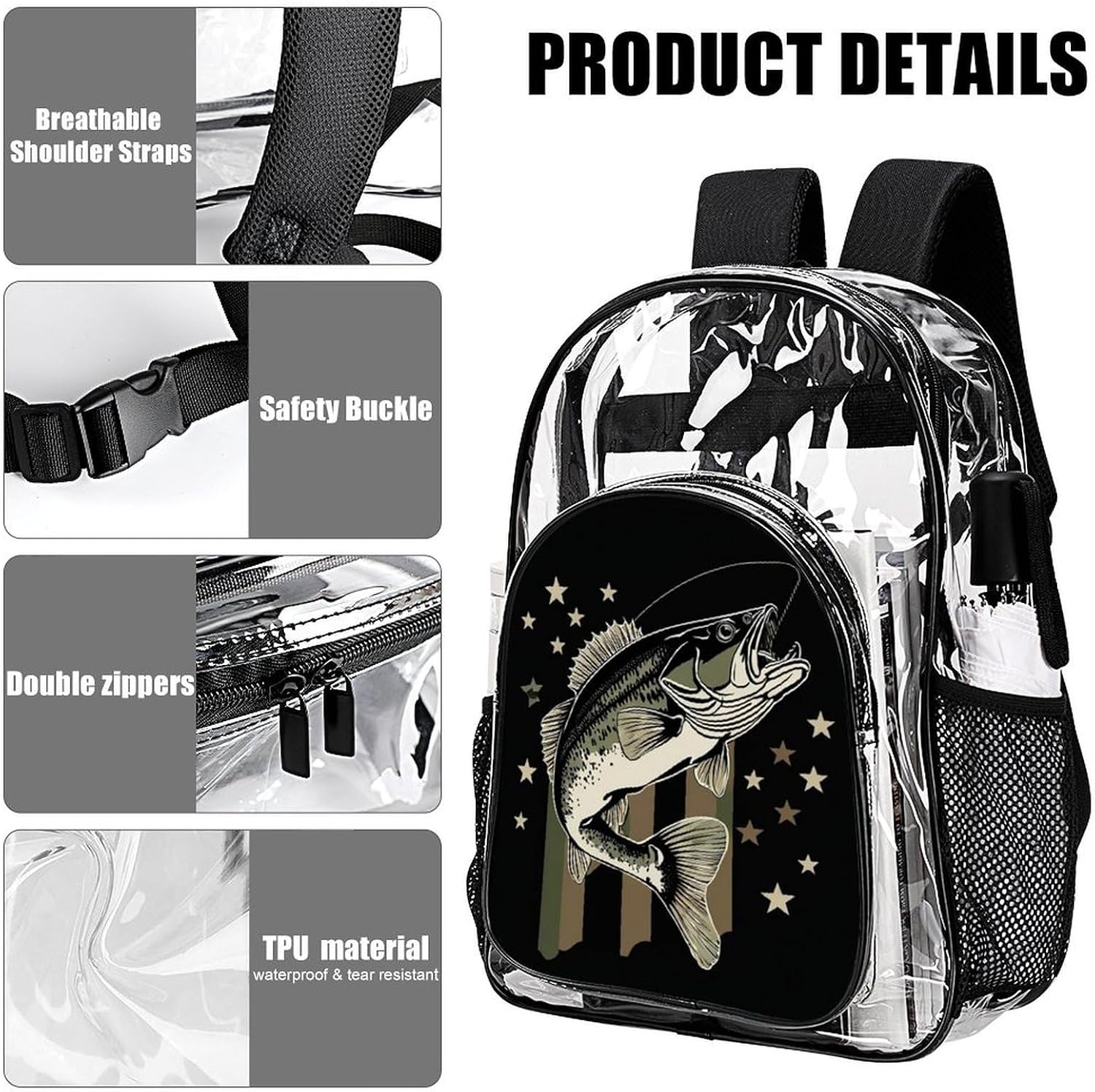 Bass Fishing Camo Camouflage American Flag Hunting Black Clear Backpack See Through Backpack Heavy Duty Clear Backpacks Transparent Bookbag for Work, Security, College
