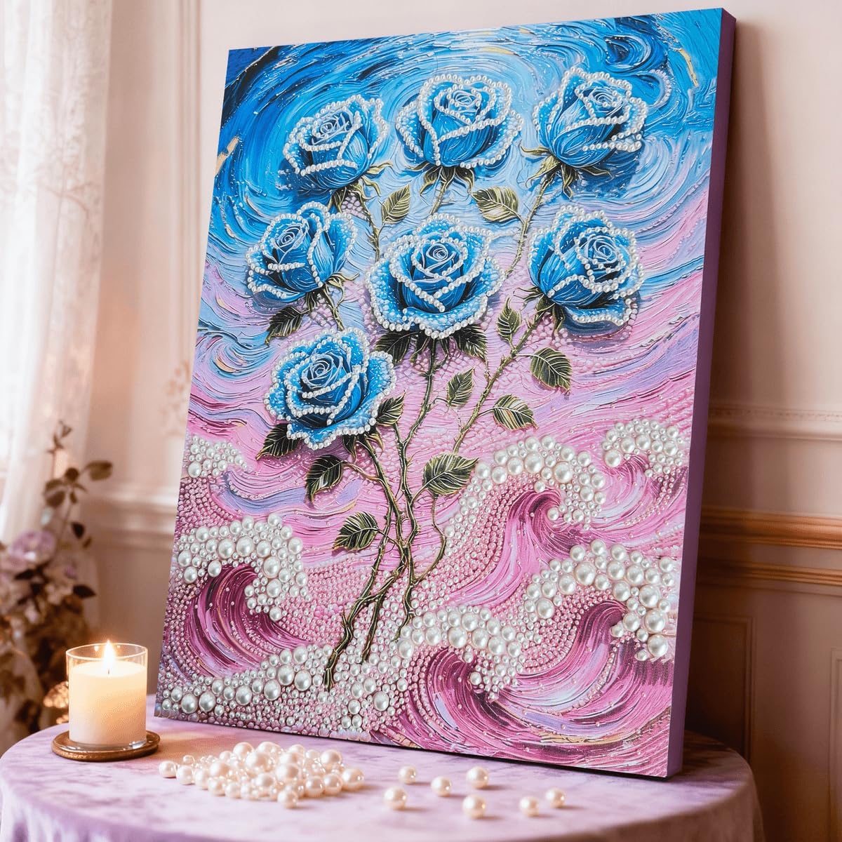 DIY Diamond Pearl Painting Kit for Adults, Flower 3D Pearl Painting Craft with Wooden Frame 40x50cm, Beginner Friendly Home Wall Decor Art, Gift for Women Men Housewarming (Blue Rose)