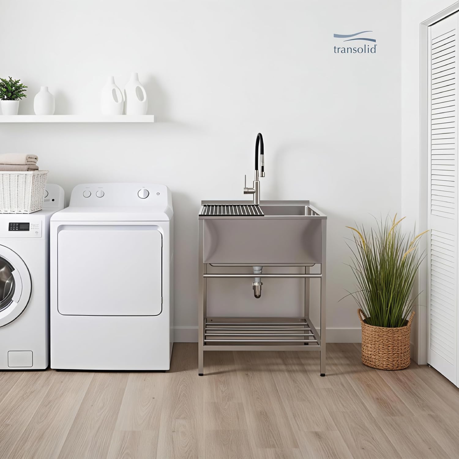 Transolid 25 in. x 22 in. x 34.3 in. 18-Gauge 304 Stainless Steel Freestanding Laundry Utility Sink with Wash Stand, Dual-Spray Faucet, Drain, and Roller Mat — Brushed Stainless (TFH-2522-SS)