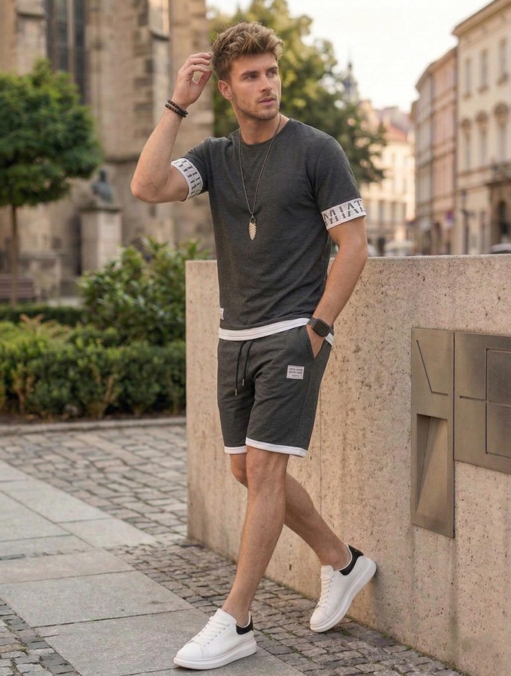Lymio SSM-CS-1-3 - Set casual da uomo con coulisse, elegante maglietta e pantaloncini abbinati alla moda