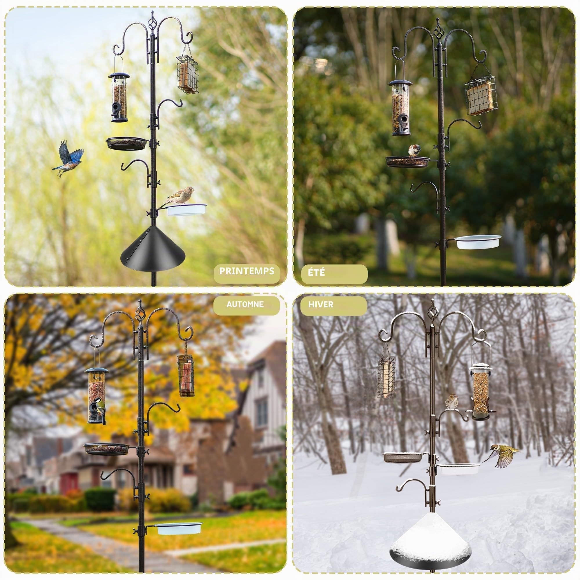 Kit de mangeoire à oiseaux de luxe - Mangeoire à oiseaux sauvages à suspendre avec poteau, mangeoire multiple, cage à graisse, support pour plantes et chicane anti-écureuil pour attirer les oiseaux