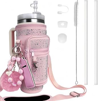 Water Bottle Carrier Bag for Stanley 30&40oz Tumbler - Stanley Cup Belt Bag with Adjustable Strap, Straw Cover & Pearl Bracelet - Thanksgiving Day and Christmas Day Gifts Pink Diamond With Pocket