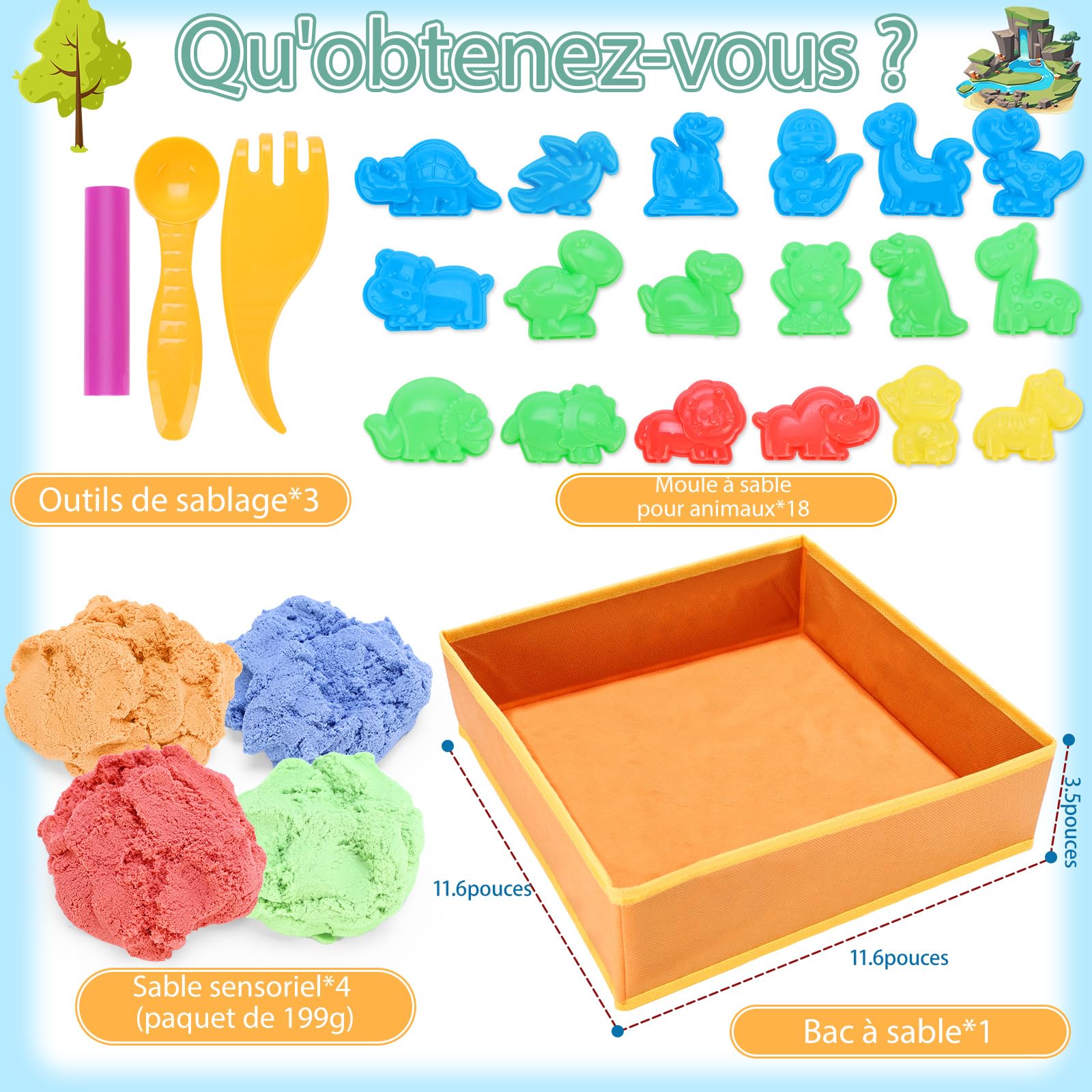 VBACALA Bac à Sable Magique Pour Enfants, Bac àSable Magique Pliable Avec 796g De sable, Moules à SablePour Animaux Sauvages, Pour Filles Et Garçons Cadeau De Jouet De able Pour Enfants 3 4 5