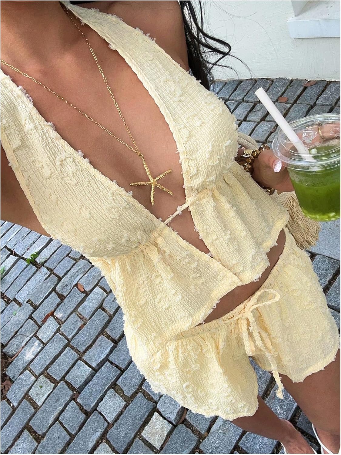 MakeMeChic Women's Summer 2 Piece Sets Striped Open Back Halter Tank Top Boxer Shorts Set - Image 6