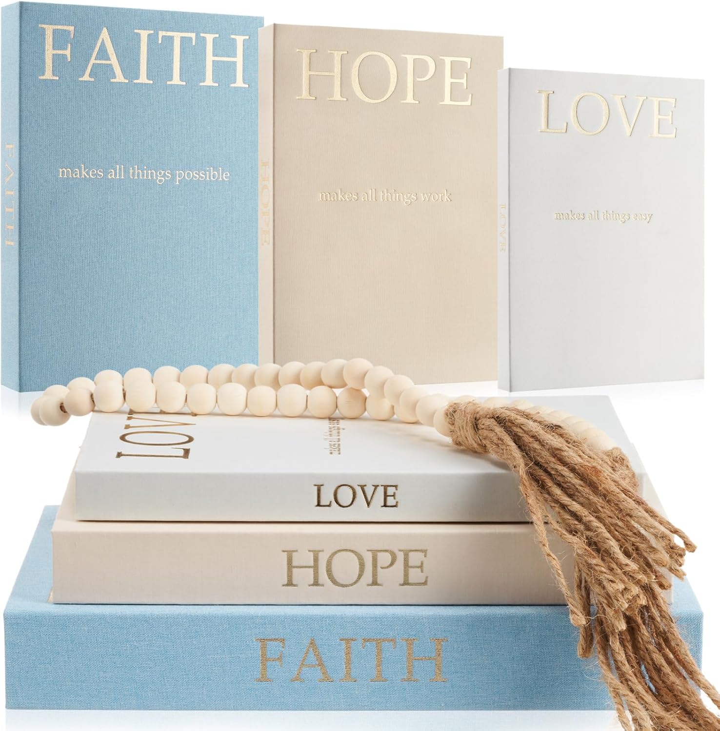 Faccito Set of 3 Linen Decorative Books with Wooden Beaded Garland Tassel Elegant Aesthetic Fake Books for Coffee Table Shelf Mantel Storage Boxes for Modern Home Decor (Light Blue)